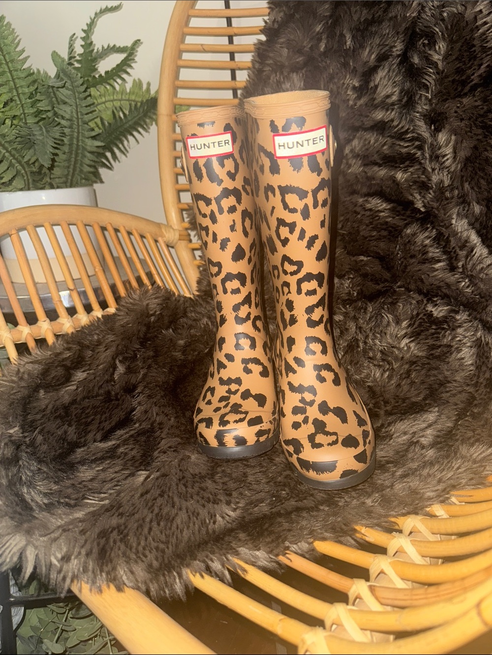 Hunter Tan and Black Leopard-Print Tall Rain Boots